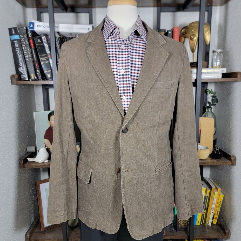 American Eagle Mens Sport Coat Jacket Two Button Brown Herringbone Cotton Medium